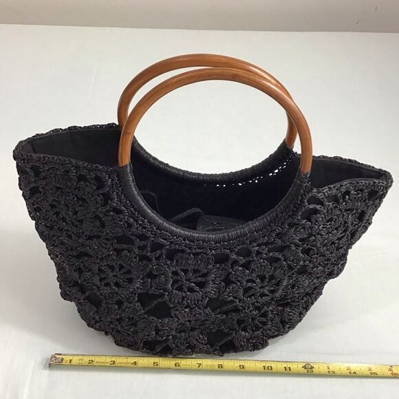 French Connection Black Crochet Tote Bag With Wooden Handles - Picture 10 of 10